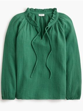 J. Crew Gauze Green Ruffle-Neck Long-Sleeve Balloon Sleeve Tie Neck Blouse L NWT